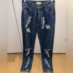Sandro High Rise Distressed Jeans with Pearl Embellished Lightning Bolt Design